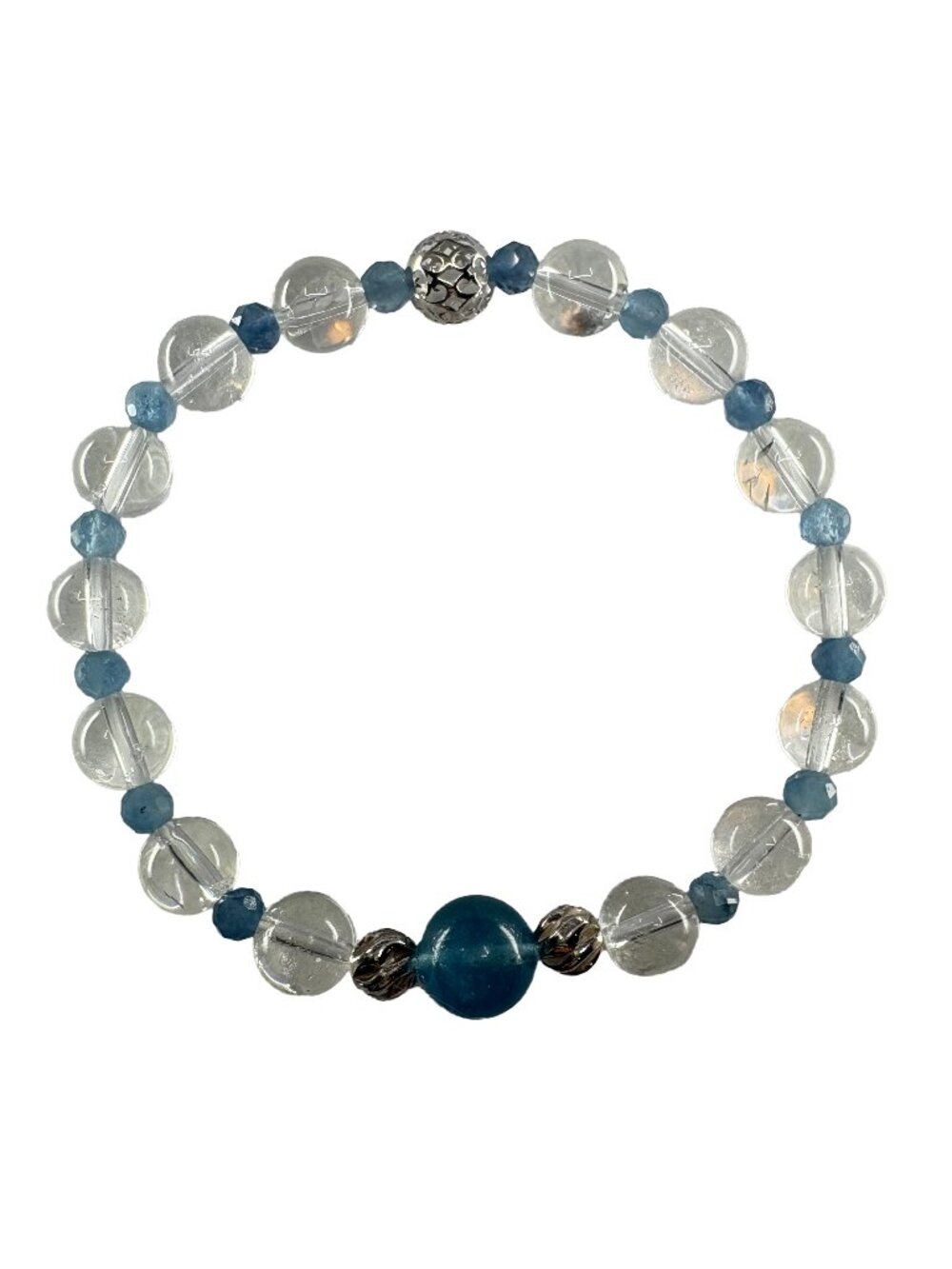 925 Sterling Silver Aquamarine Bracelet 6.65" Clear Quartz Beaded Ocean Gift